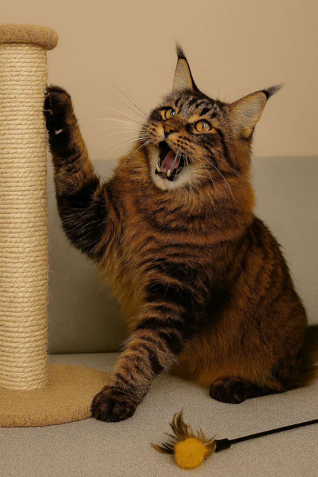 Maine Coon cat playfully scratching a tall sisal-covered post on a sofa, with mouth open and claws extended, showing tufted ears and thick tabby fur in a cozy living room.