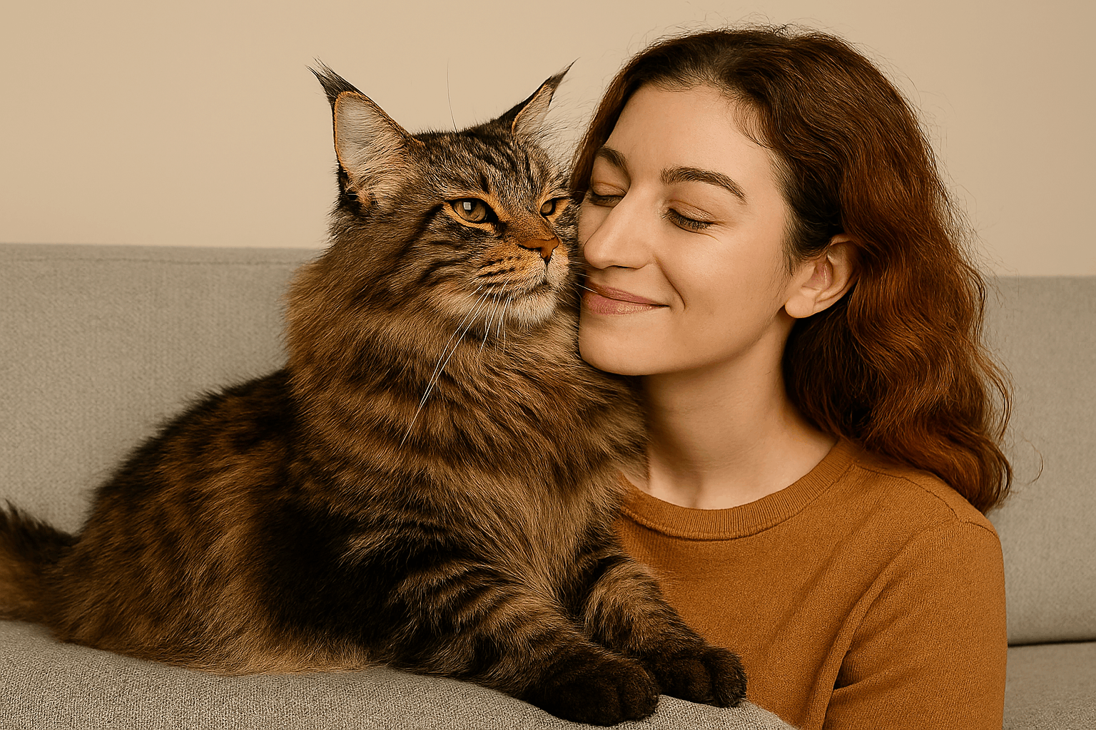 Woman smiling as a Maine Coon cat gently nuzzles her face while sitting beside her on a couch.
