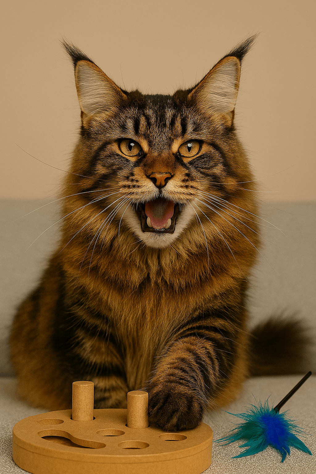 Close-up of a Maine Coon cat mid-chirp with mouth slightly open, showing tufted ears, long whiskers, and expressive golden eyes against a soft beige background.