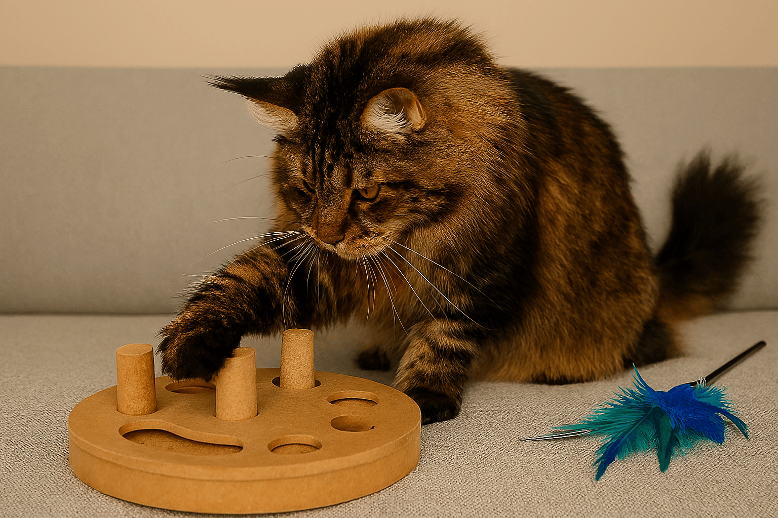 Maine Coon cat reaching toward a wooden puzzle feeder toy on a couch, with a feather wand nearby.